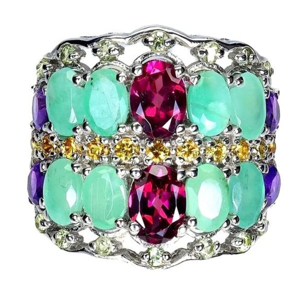 Natural Rhodolite 7x5mm, Amethyst, Emerald 925 Sterling Silver Ring  Sz 8.5